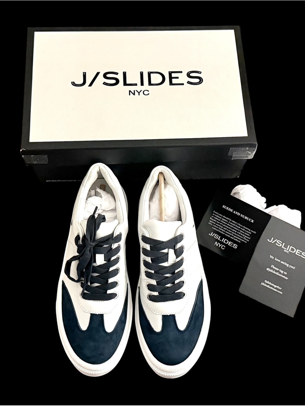 J/Slides Gabbie White Navy Nappa Leather Suede Sneakers Size 8M NIB